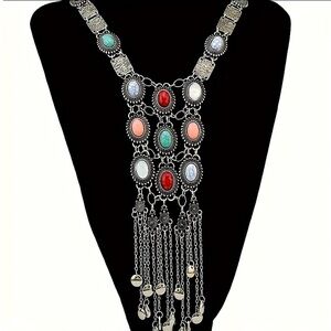 Silver Stone Chain Necklace Boho Tribal Hippie